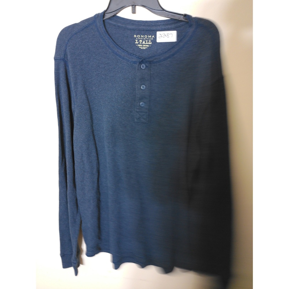 Sonoma Henley Top Women Large Tall Blue Waffle Knit Casual Coastal Academia